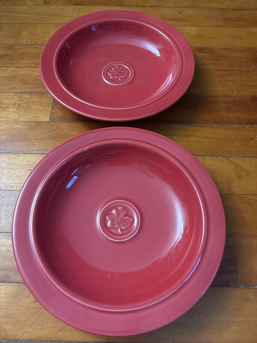 Vintage Dansk Craftmark Poppy red ceramic Bowl w/ embossed leaf center medallion